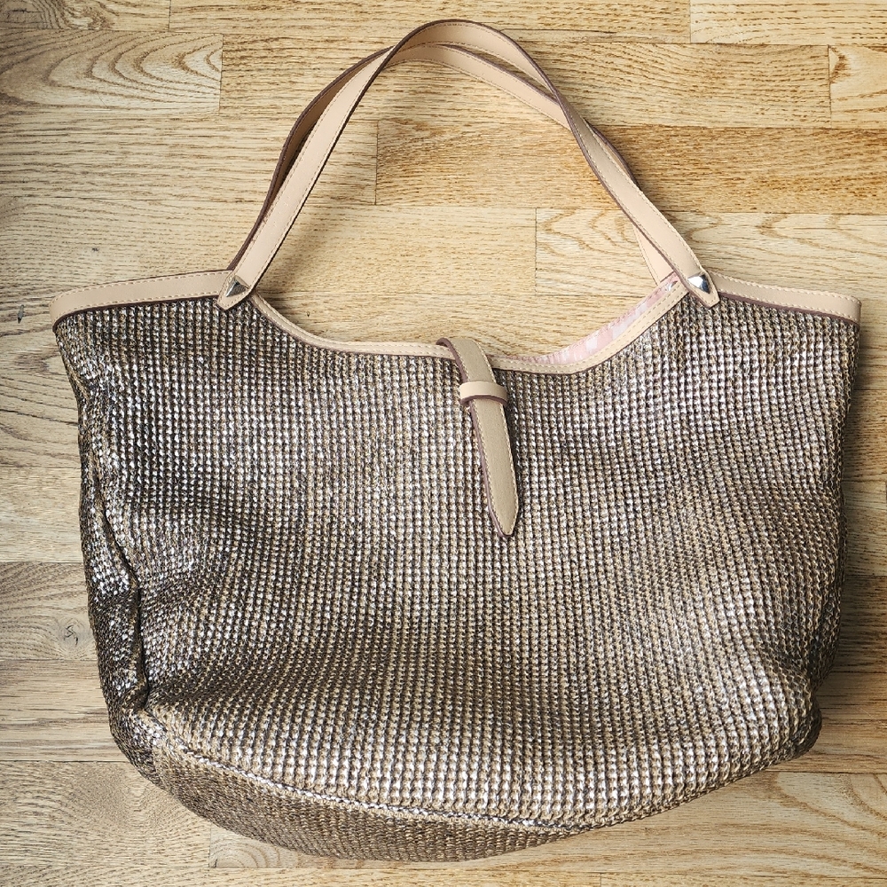 Stella & Dot Tan Tote Bag with Textured Woven Metallic Design Shopping Beach Wow